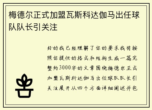 梅德尔正式加盟瓦斯科达伽马出任球队队长引关注
