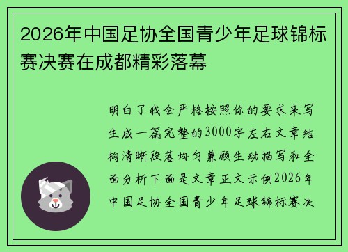 2026年中国足协全国青少年足球锦标赛决赛在成都精彩落幕 2026年中国足协全国青少年足球锦标赛决赛在成都精彩落幕