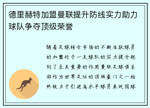 德里赫特加盟曼联提升防线实力助力球队争夺顶级荣誉 德里赫特加盟曼联提升防线实力助力球队争夺顶级荣誉