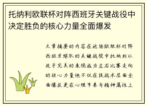 托纳利欧联杯对阵西班牙关键战役中决定胜负的核心力量全面爆发 托纳利欧联杯对阵西班牙关键战役中决定胜负的核心力量全面爆发